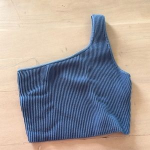 Babaton, one-shoulder sculpt cropped top in blue. Size XS